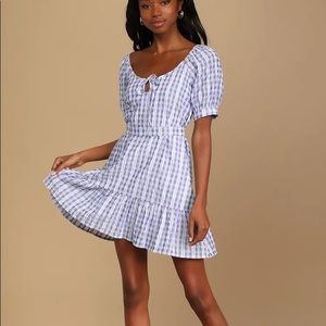 Lulu's Blue and White Striped Puff-Sleeve Mini Dress